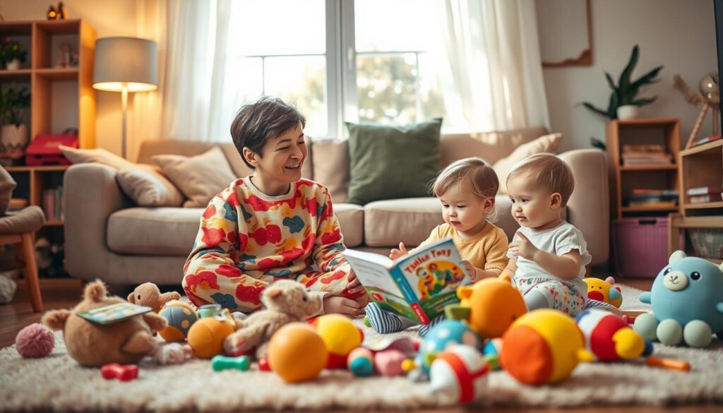 A cozy, inviting living room scene showcasing a dialogic reading session for toddlers. In the foreground, a nurturing adult, dressed in colorful yet modest casual clothing, sits cross-legged on a soft rug surrounded by an assortment of plush toys and children's books. The adult is animatedly engaging with a toddler, who is sitting close by with wide-eyed excitement, reaching for a picture book. In the middle ground, additional toys and learning materials are scattered about, promoting a playful learning atmosphere. The background features warm, soft lighting filtering through a window, casting gentle shadows that enhance the inviting feel of the space. The overall mood conveys joy, curiosity, and connection, highlighting the importance of interactive reading in speech therapy for young children. A cozy, inviting living room scene showcasing a dialogic reading session for toddlers. In the foreground, a nurturing adult, dressed in colorful yet modest casual clothing, sits cross-legged on a soft rug surrounded by an assortment of plush toys and children's books. The adult is animatedly engaging with a toddler, who is sitting close by with wide-eyed excitement, reaching for a picture book. In the middle ground, additional toys and learning materials are scattered about, promoting a playful learning atmosphere. The background features warm, soft lighting filtering through a window, casting gentle shadows that enhance the inviting feel of the space. The overall mood conveys joy, curiosity, and connection, highlighting the importance of interactive reading in speech therapy for young children.