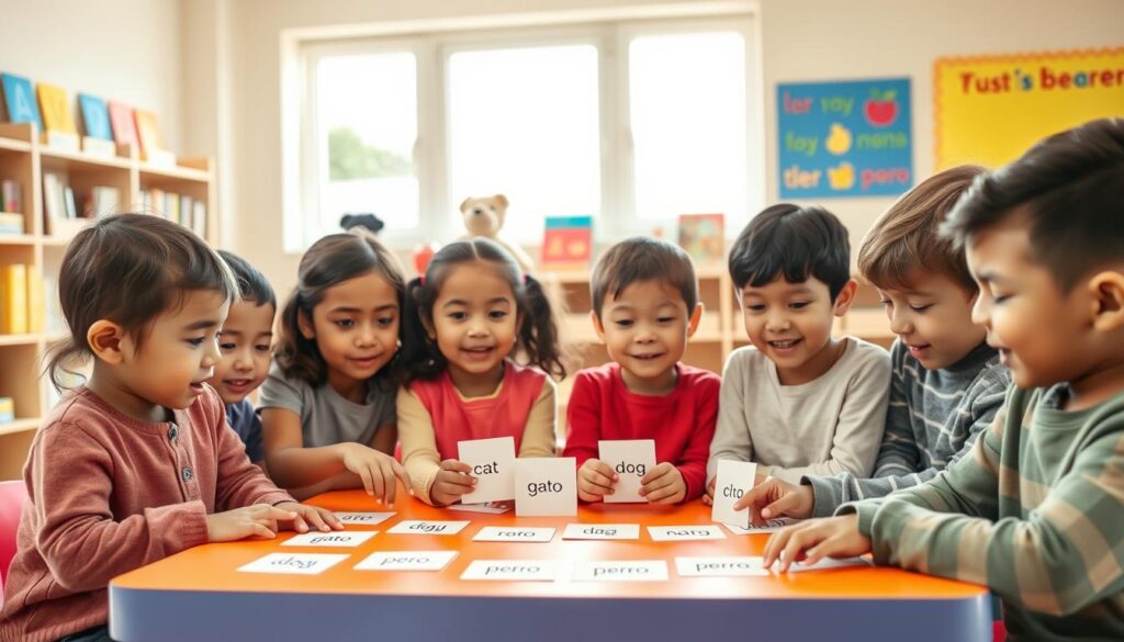 A diverse group of young children, with varying ethnic backgrounds, engaged in learning their first words together. In the foreground, a bright, colorful table is filled with educational flashcards illustrating simple words in two languages, such as "cat/gato" and "dog/perro." The children, dressed in casual, modest clothing, are eagerly pointing at the cards and discussing animatedly. In the middle ground, a playful, warm classroom environment with shelves lined with bilingual books and educational materials. Sunlight filters through large windows, casting a soft glow across the scene, creating a welcoming and lively atmosphere for learning. The background features cheerful wall decorations highlighting both languages, reinforcing the bilingual theme without any text overlays. The overall composition conveys a sense of joy, collaboration, and the excitement of language learning. A diverse group of young children, with varying ethnic backgrounds, engaged in learning their first words together. In the foreground, a bright, colorful table is filled with educational flashcards illustrating simple words in two languages, such as "cat/gato" and "dog/perro." The children, dressed in casual, modest clothing, are eagerly pointing at the cards and discussing animatedly. In the middle ground, a playful, warm classroom environment with shelves lined with bilingual books and educational materials. Sunlight filters through large windows, casting a soft glow across the scene, creating a welcoming and lively atmosphere for learning. The background features cheerful wall decorations highlighting both languages, reinforcing the bilingual theme without any text overlays. The overall composition conveys a sense of joy, collaboration, and the excitement of language learning.