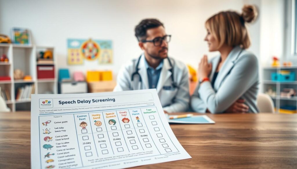 A modern and professional setting depicting a speech delay screening tool. In the foreground, showcase a colorful, engaging screening worksheet featuring illustrations of common speech sounds, checkboxes, and age guidelines, placed on a wooden table. In the middle ground, an attentive pediatrician in a white coat and glasses interacts with a concerned caregiver, both appearing focused and compassionate, surrounded by educational materials related to child development. In the background, a bright room with soft lighting, featuring children's books and toys on shelves, creates a warm and supportive atmosphere. The scene should convey a sense of trust, professionalism, and the importance of early intervention in speech development, captured with a soft focus and slight warmth.