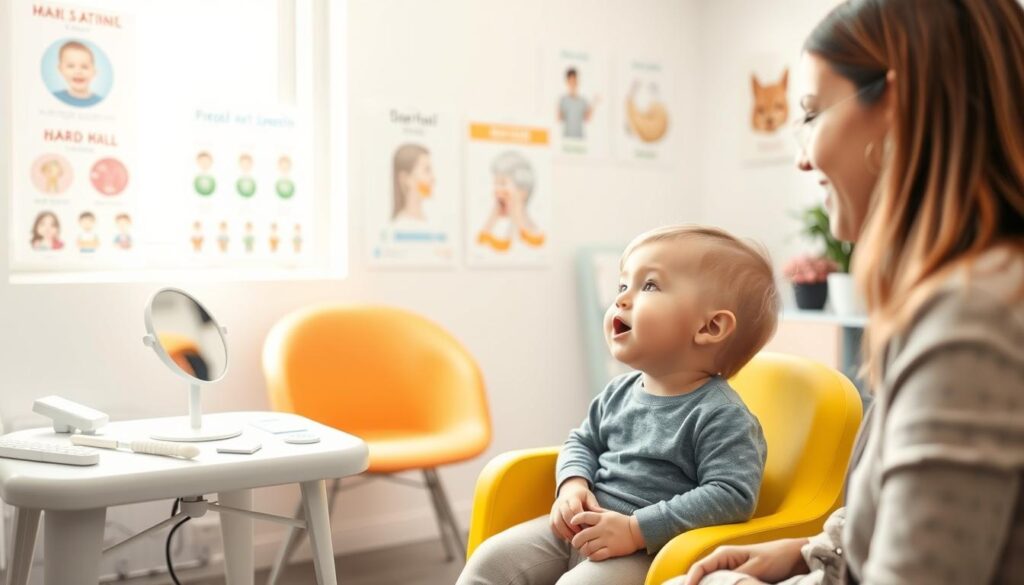 A professional evaluation setting focused on tongue-tie in children. In the foreground, a pediatric speech therapist, dressed in smart casual clothing, is examining a young child seated on a bright, colorful chair, who demonstrates a tongue-tie condition during an oral-motor check. The middle ground features various assessment tools like a mirror, tongue depressors, and anatomical diagrams of the mouth. In the background, a softly lit consultation room adorned with educational posters on speech and feeding. Natural light filters in through a window, creating a warm and inviting atmosphere. The angle captures both the therapist and child in profile, emphasizing the focus on evaluation and communication. The mood is professional yet nurturing, highlighting the importance of early intervention in speech development. A professional evaluation setting focused on tongue-tie in children. In the foreground, a pediatric speech therapist, dressed in smart casual clothing, is examining a young child seated on a bright, colorful chair, who demonstrates a tongue-tie condition during an oral-motor check. The middle ground features various assessment tools like a mirror, tongue depressors, and anatomical diagrams of the mouth. In the background, a softly lit consultation room adorned with educational posters on speech and feeding. Natural light filters in through a window, creating a warm and inviting atmosphere. The angle captures both the therapist and child in profile, emphasizing the focus on evaluation and communication. The mood is professional yet nurturing, highlighting the importance of early intervention in speech development.