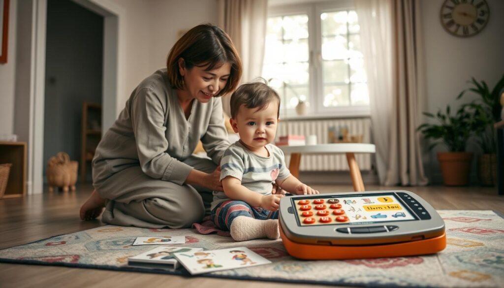 A serene and inviting indoor setting featuring a toddler engaged in a communication activity with an adult. In the foreground, the adult, dressed in modest casual clothing, is kneeling beside the child who is seated on a colorful rug, surrounded by various AAC tools like picture cards and a speech-generating device. The middle ground showcases a small table filled with vibrant communication symbols and illustrations. In the background, soft natural light filters through a window, creating a warm and supportive atmosphere. The overall mood is relaxed and encouraging, emphasizing the importance of modeling communication without pressure, fostering a nurturing environment for language development. The composition is shot at eye level, capturing the intimate dynamic between the two subjects while maintaining focus on the AAC tools.