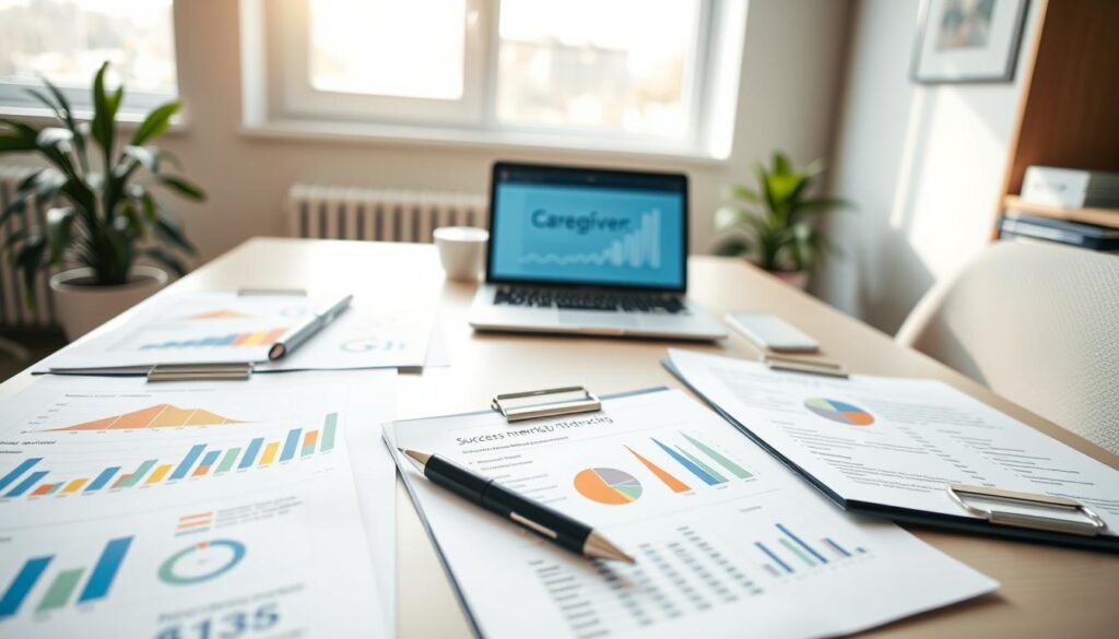 A serene office environment showcasing data sheets designed for caregiver tracking. In the foreground, a well-organized desk features multiple open data sheets, displaying colorful graphs, success metrics, and progress notes. A pen lies beside a clipboard, enhancing the sense of organization. The middle ground includes a laptop with caregiving software open, emphasizing technology integration. In the background, a bright, airy window allows soft natural light to illuminate the scene, creating a calming atmosphere that reflects the importance of tracking. The overall mood is professional yet inviting, with subtle hints of structure and warmth. The camera angle is slightly elevated, capturing the entire workspace in an engaging view, ensuring no text or distractions are present.