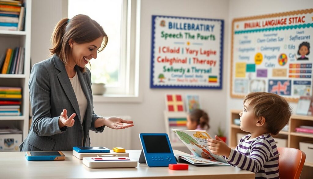 A vibrant and engaging scene depicting a bilingual speech therapy session. In the foreground, a professional speech-language pathologist (SLP) in a smart casual outfit interacts with a child, who is seated at a table with colorful AAC (Augmentative and Alternative Communication) devices. The SLP gestures enthusiastically to visualize concepts, while the child holds a bilingual picture book, looking intrigued. In the middle ground, shelves are filled with various bilingual educational resources and therapy materials. Soft, natural lighting filters through a window, casting a warm glow over the space. In the background, a bulletin board showcases celebratory milestones and therapy progress in both languages, creating an atmosphere of collaboration and encouragement. The overall mood is positive and supportive, embodying the essence of bilingual communication development. A vibrant and engaging scene depicting a bilingual speech therapy session. In the foreground, a professional speech-language pathologist (SLP) in a smart casual outfit interacts with a child, who is seated at a table with colorful AAC (Augmentative and Alternative Communication) devices. The SLP gestures enthusiastically to visualize concepts, while the child holds a bilingual picture book, looking intrigued. In the middle ground, shelves are filled with various bilingual educational resources and therapy materials. Soft, natural lighting filters through a window, casting a warm glow over the space. In the background, a bulletin board showcases celebratory milestones and therapy progress in both languages, creating an atmosphere of collaboration and encouragement. The overall mood is positive and supportive, embodying the essence of bilingual communication development.
