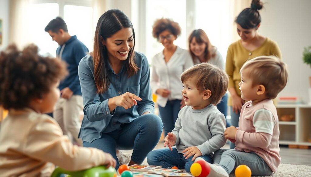 A warm and inviting scene depicting a diverse group of caregivers interacting with children in a bright and colorful playroom. In the foreground, a caregiver gently engages with a child, illustrating joint attention by pointing to a toy, while another child observes and smiles, showcasing social reciprocity. In the middle ground, various educational materials, such as flashcards and simple toys, encourage gestures and communication. The background features soft daylight streaming in through large windows, enhancing a cheerful atmosphere. The caregivers are dressed in modest casual clothing, embodying professionalism and approachability. The entire scene radiates a supportive and nurturing environment, focusing on the essence of communication check among young children.