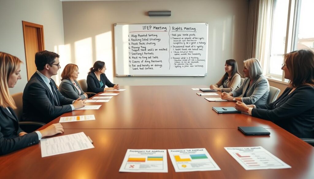 A well-organized meeting room with a large conference table in the foreground, surrounded by professional individuals in business attire, indicating preparation for an IFSP IEP meeting. On the table, neatly arranged documents, including checklists and colorful charts illustrating data and goal-setting strategies. In the middle ground, a large whiteboard with bullet points detailing meeting agenda items and rights discussion. The background features a warm, inviting atmosphere with natural light coming through windows, casting soft shadows. The overall mood is focused and collaborative, with participants engaged in discussion and planning, emphasizing a supportive environment for caregivers and professionals. A well-organized meeting room with a large conference table in the foreground, surrounded by professional individuals in business attire, indicating preparation for an IFSP IEP meeting. On the table, neatly arranged documents, including checklists and colorful charts illustrating data and goal-setting strategies. In the middle ground, a large whiteboard with bullet points detailing meeting agenda items and rights discussion. The background features a warm, inviting atmosphere with natural light coming through windows, casting soft shadows. The overall mood is focused and collaborative, with participants engaged in discussion and planning, emphasizing a supportive environment for caregivers and professionals.