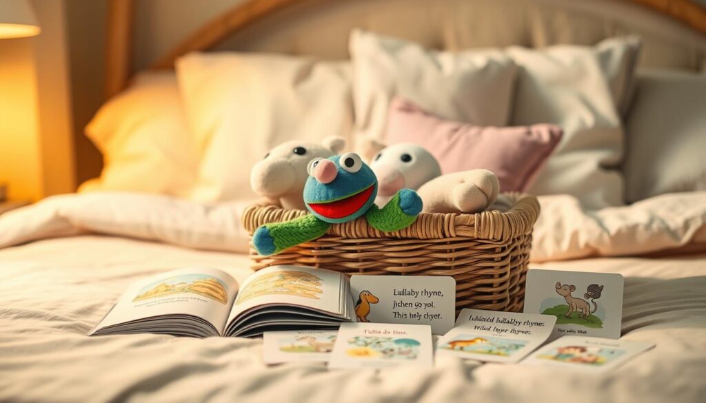 A beautifully arranged story basket placed at a cozy, softly lit bedside, radiating a warm, inviting atmosphere. In the foreground, a colorful plush puppet with exaggerated features, like big eyes and a wide smile, sits beside an open storybook. Surrounding them are flashcards adorned with illustrated lullaby rhymes, featuring whimsical imagery. The middle of the scene showcases the woven basket itself, overflowing with plush toys and small objects, inviting exploration. In the background, a gently glowing night lamp casts a soft light, creating a tranquil ambiance. The scene is captured from a warm angle, emphasizing the comforting, nurturing environment ideal for bedtime routines. Overall, the mood is serene and enchanting, perfect for inspiring calm and creativity in young minds.