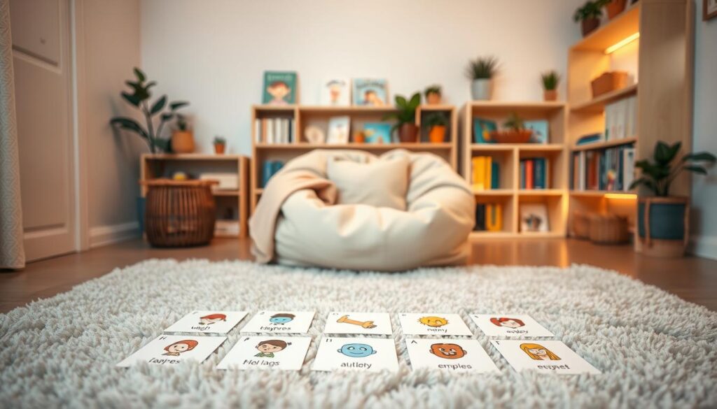 A beautifully designed "emotion words visual tool" displayed in a calm corner setting. In the foreground, colorful flashcards with simple illustrations representing various emotions, such as happiness, sadness, and anger, are arranged on a soft, plush rug. The middle layer features a cozy seating area with a small, inviting bean bag chair and a soft throw blanket, creating a serene atmosphere. The background includes a gently lit bookshelf filled with children's books about feelings, adorned with potted plants for a touch of nature. Warm, soft lighting bathes the scene, enhancing a soothing, calming mood. The image captures a sense of playfulness and learning, ideal for nurturing emotional vocabulary in a safe, welcoming space. A beautifully designed "emotion words visual tool" displayed in a calm corner setting. In the foreground, colorful flashcards with simple illustrations representing various emotions, such as happiness, sadness, and anger, are arranged on a soft, plush rug. The middle layer features a cozy seating area with a small, inviting bean bag chair and a soft throw blanket, creating a serene atmosphere. The background includes a gently lit bookshelf filled with children's books about feelings, adorned with potted plants for a touch of nature. Warm, soft lighting bathes the scene, enhancing a soothing, calming mood. The image captures a sense of playfulness and learning, ideal for nurturing emotional vocabulary in a safe, welcoming space.