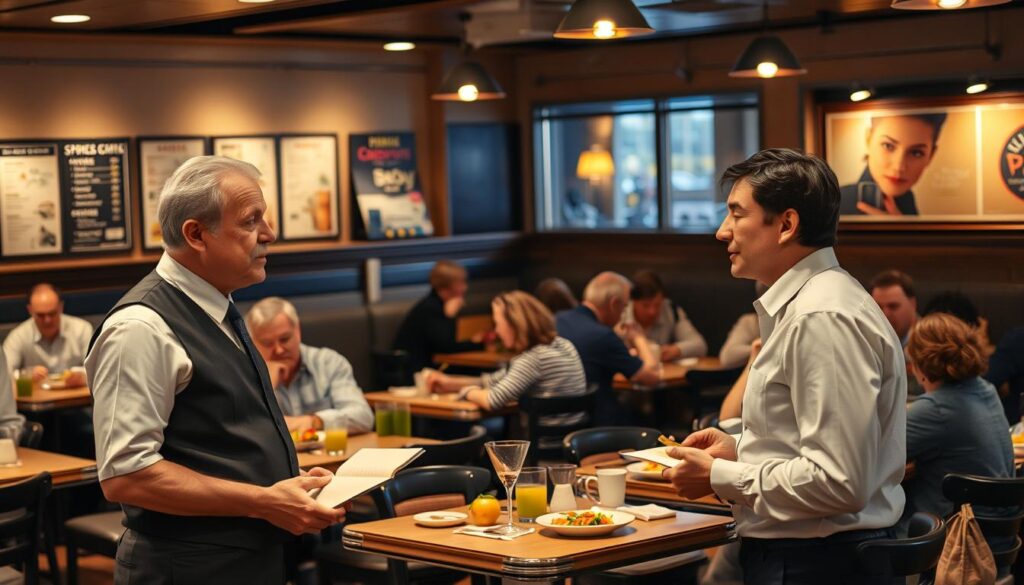 A bustling restaurant scene featuring a polite interaction between a customer and a staff member. In the foreground, the staff member, dressed in a smart uniform, is courteously explaining that a popular dish is sold out, while the customer, wearing casual attire, appears surprised but understanding. In the middle ground, various tables are filled with diners enjoying their meals, some engaged in conversation, and a small group discussing a coupon offering. The background showcases a well-decorated restaurant interior with warm lighting creating an inviting atmosphere. A wall menu can be seen, featuring visible items, along with a cozy ambiance reflected in soft shadows. The overall mood is friendly and professional, evoking a sense of community and polite problem-solving. A bustling restaurant scene featuring a polite interaction between a customer and a staff member. In the foreground, the staff member, dressed in a smart uniform, is courteously explaining that a popular dish is sold out, while the customer, wearing casual attire, appears surprised but understanding. In the middle ground, various tables are filled with diners enjoying their meals, some engaged in conversation, and a small group discussing a coupon offering. The background showcases a well-decorated restaurant interior with warm lighting creating an inviting atmosphere. A wall menu can be seen, featuring visible items, along with a cozy ambiance reflected in soft shadows. The overall mood is friendly and professional, evoking a sense of community and polite problem-solving.