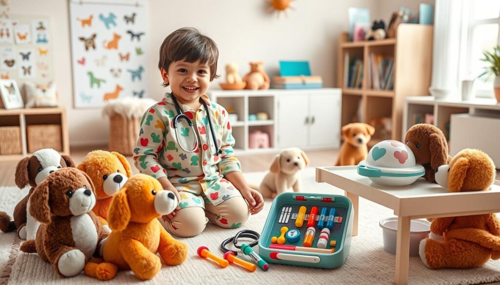 A cheerful child dressed in a colorful, modest outfit, engaged in a playful vet scenario with a variety of stuffed animals. In the foreground, the child is kneeling on a soft play mat, surrounded by cute plush pets, a toy stethoscope, and a small veterinarian kit with safe props like plush bandages, toy syringes, and colorful checklists. The middle ground features a table filled with care routines tools such as toy grooming brushes, pill bottles, and pet food bowls, all designed for imaginative play. In the background, a cozy, well-lit room with a pet-themed wall poster and shelves filled with animal books enhances the atmosphere. Soft, natural lighting from a nearby window creates a warm, inviting mood, perfect for nurturing creativity and responsibility in pet care. A cheerful child dressed in a colorful, modest outfit, engaged in a playful vet scenario with a variety of stuffed animals. In the foreground, the child is kneeling on a soft play mat, surrounded by cute plush pets, a toy stethoscope, and a small veterinarian kit with safe props like plush bandages, toy syringes, and colorful checklists. The middle ground features a table filled with care routines tools such as toy grooming brushes, pill bottles, and pet food bowls, all designed for imaginative play. In the background, a cozy, well-lit room with a pet-themed wall poster and shelves filled with animal books enhances the atmosphere. Soft, natural lighting from a nearby window creates a warm, inviting mood, perfect for nurturing creativity and responsibility in pet care.