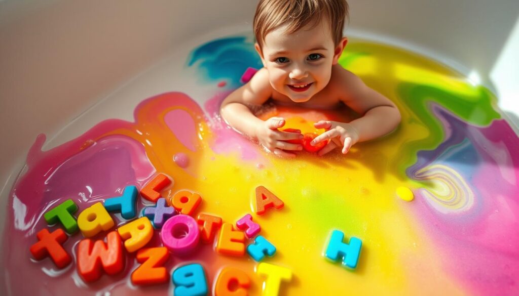 A colorful, playful bath scene featuring a variety of vibrant color tablets dissolving in the water, creating swirling patterns of bright hues. In the foreground, a collection of foam letters floats on the surface, some partially submerged, showcasing letters in an assortment of colors. A child, wearing modest and playful bath attire, is engaged in mixing colors with their hands, displaying an expression of joy and curiosity. The background includes soft, gentle lighting filtering in through a window, casting a warm glow over the scene, creating an inviting and cheerful atmosphere. The angle is slightly overhead, capturing the action and the vibrant colors in a dynamic way, emphasizing the exploration of color mixing during bath time play.