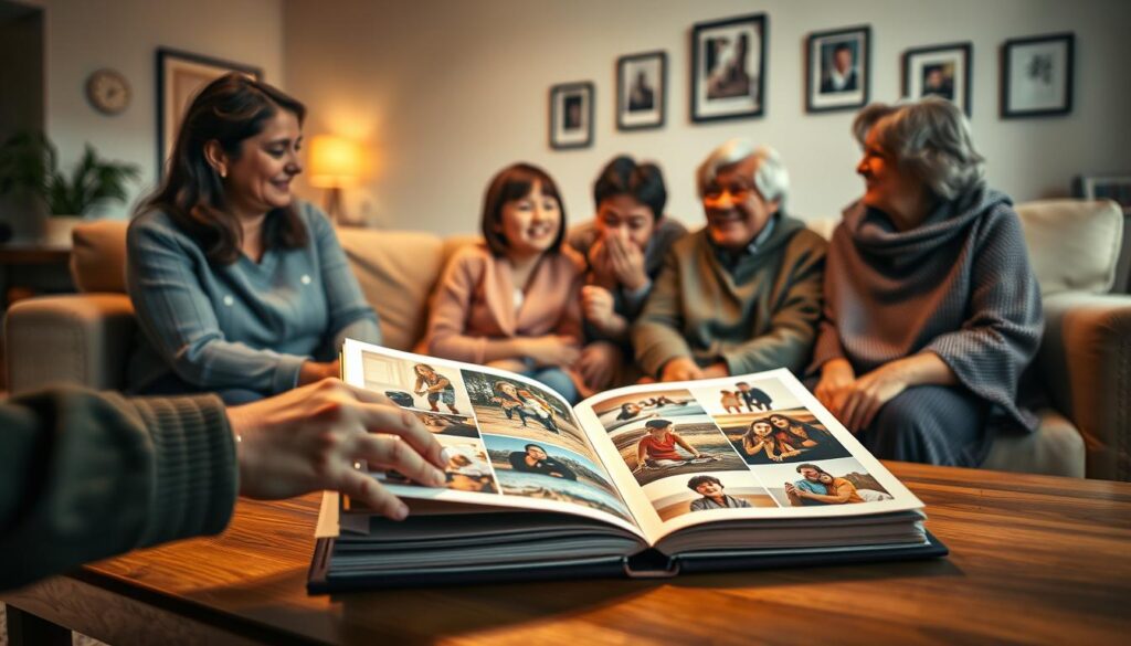 A cozy family environment showcasing a diverse group of people, including a mother, father, two children, and grandparents. They are selecting ten family photos from an elegant wooden album spread out on a well-lit coffee table. The foreground features a close-up of hands gently flipping through the album, revealing vibrant images of family celebrations, vacations, and everyday moments. The middle ground captures the family members in modest casual clothing, smiling and animated, engaging in conversation. In the background, soft natural light filters through a window, illuminating a few framed photos on the wall, hinting at their heritage. The mood is warm and inviting, evoking nostalgia and connection. The composition emphasizes unity and storytelling, with a focus on meaningful interactions. A cozy family environment showcasing a diverse group of people, including a mother, father, two children, and grandparents. They are selecting ten family photos from an elegant wooden album spread out on a well-lit coffee table. The foreground features a close-up of hands gently flipping through the album, revealing vibrant images of family celebrations, vacations, and everyday moments. The middle ground captures the family members in modest casual clothing, smiling and animated, engaging in conversation. In the background, soft natural light filters through a window, illuminating a few framed photos on the wall, hinting at their heritage. The mood is warm and inviting, evoking nostalgia and connection. The composition emphasizes unity and storytelling, with a focus on meaningful interactions.