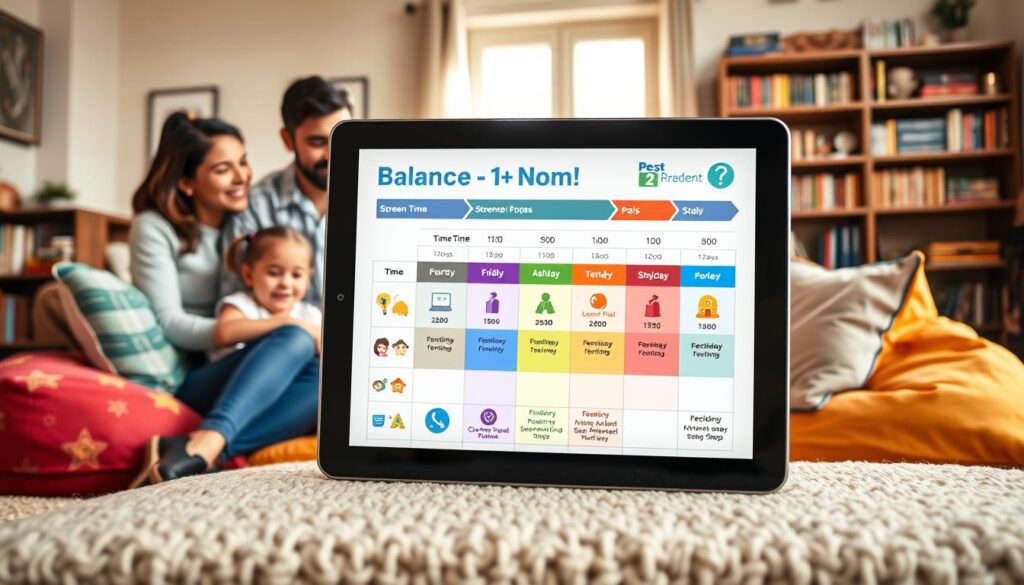 A cozy family room scene showcases a digital media plan for screen time management, emphasizing balance. In the foreground, a vibrant family of four—parents in smart casual attire and two children—are gathered around a large tablet displaying a colorful screen time schedule, with visual icons representing different activities and screen-free swaps. In the middle ground, a soft couch and bean bags invite relaxation, adorned with pillows that have engaging educational designs. The background features a shelf filled with books and board games that promote family interactions. Natural light streams in through a window, creating a warm and inviting atmosphere. The image conveys a sense of togetherness and intentional media usage, highlighting the importance of mindful screen time in a family setting. A cozy family room scene showcases a digital media plan for screen time management, emphasizing balance. In the foreground, a vibrant family of four—parents in smart casual attire and two children—are gathered around a large tablet displaying a colorful screen time schedule, with visual icons representing different activities and screen-free swaps. In the middle ground, a soft couch and bean bags invite relaxation, adorned with pillows that have engaging educational designs. The background features a shelf filled with books and board games that promote family interactions. Natural light streams in through a window, creating a warm and inviting atmosphere. The image conveys a sense of togetherness and intentional media usage, highlighting the importance of mindful screen time in a family setting.