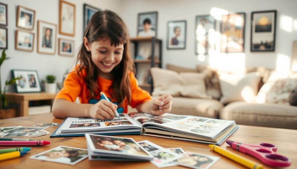 A cozy family setting, focusing on a child sitting at a table, enthusiastically creating a mini album. The child, around 7 years old, dressed in bright, colorful casual clothing, glues photos onto pages filled with stickers and doodles. In the foreground, a small stack of printed family photos and art supplies like crayons and scissors are scattered about. In the middle background, a warm, inviting living room features framed family pictures on the walls and soft sunlight streaming through the window, casting gentle shadows. The atmosphere is joyful and creative, portraying the importance of storytelling through photographs. The scene is captured with soft focus, using a warm filter to evoke a sense of nostalgia and familial connection. A cozy family setting, focusing on a child sitting at a table, enthusiastically creating a mini album. The child, around 7 years old, dressed in bright, colorful casual clothing, glues photos onto pages filled with stickers and doodles. In the foreground, a small stack of printed family photos and art supplies like crayons and scissors are scattered about. In the middle background, a warm, inviting living room features framed family pictures on the walls and soft sunlight streaming through the window, casting gentle shadows. The atmosphere is joyful and creative, portraying the importance of storytelling through photographs. The scene is captured with soft focus, using a warm filter to evoke a sense of nostalgia and familial connection.