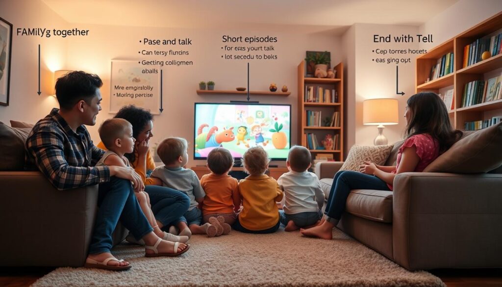 A cozy living room scene featuring a diverse family engaged in co-viewing a television program together. In the foreground, parents and children are sitting closely on a large, comfortable couch, actively discussing what they see on the screen, all wearing casual, comfortable clothing. The middle ground includes a bright, colorful TV displaying educational content, emphasizing engaging visuals. Around the room, a cozy atmosphere is created with warm lighting, a soft rug, and family rules displayed on the walls, promoting short episodes, pause-and-talk, and end-with-retell guidelines. In the background, bookshelves filled with children's books add a touch of hominess. The scene captures a nurturing and communicative mood, encouraging family interaction and shared learning experiences through technology. A cozy living room scene featuring a diverse family engaged in co-viewing a television program together. In the foreground, parents and children are sitting closely on a large, comfortable couch, actively discussing what they see on the screen, all wearing casual, comfortable clothing. The middle ground includes a bright, colorful TV displaying educational content, emphasizing engaging visuals. Around the room, a cozy atmosphere is created with warm lighting, a soft rug, and family rules displayed on the walls, promoting short episodes, pause-and-talk, and end-with-retell guidelines. In the background, bookshelves filled with children's books add a touch of hominess. The scene captures a nurturing and communicative mood, encouraging family interaction and shared learning experiences through technology.