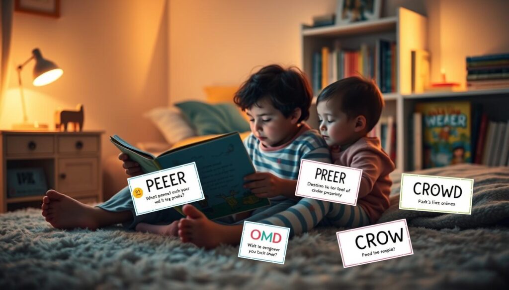 A cozy nighttime scene illustrating dialogic reading prompts. In the foreground, a parent and a child sit together on a soft, plush rug in a warmly-lit bedroom. The parent, casually dressed in comfortable clothing, holds an open picture book, while the child, wearing pajamas, gazes eagerly at the pages. In the middle ground, colorful illustrated cards displaying PEER and CROWD prompts are scattered around, highlighting questions and engaging interactions. The background features a softly glowing bedside lamp and a neatly organized bookshelf filled with children’s books, creating an inviting atmosphere. The lighting is warm and soothing, evoking a calm bedtime routine, with a slight bokeh effect to emphasize the characters and reading materials. The overall mood is nurturing and encouraging, emphasizing connection through storytelling.