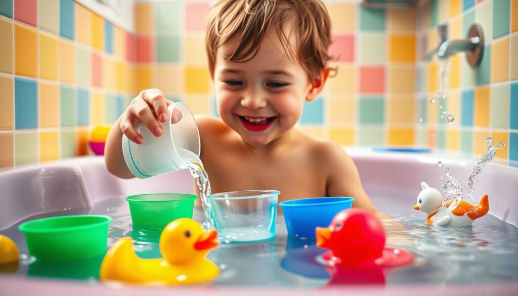 A joyful child, around five years old, is playing in a bright and colorful bath filled with water, surrounded by various cups and toys. The scene focuses on the child enthusiastically pouring water from a cup while another cup is positioned in the water, next to a rubber duck floating nearby, illustrating the concept of "in." In the background, a vibrant bathroom with cheerful, pastel-colored tiles is visible, enhancing the playful atmosphere. The lighting is soft and warm, creating an inviting mood. The child's modest casual clothing is suitable for bath time, reflecting innocence and curiosity as they explore the concepts of prepositions like "on" with toys placed on the edge of the tub, "under" with submerged toys, and "behind" with splashes of water you can almost feel.