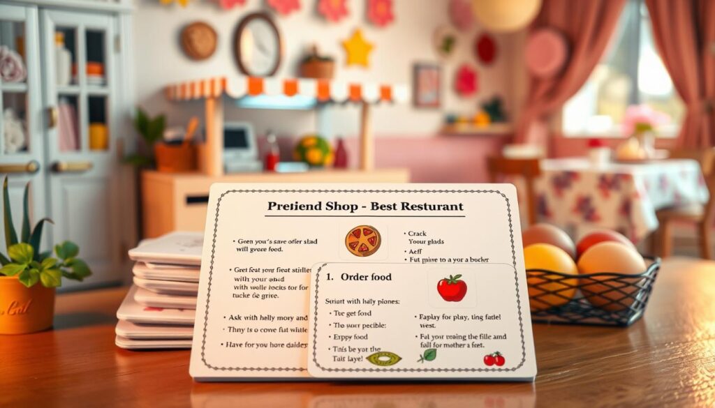 A warmly lit scene depicting a collection of colorful role-playing scripts designed for a pretend shop and restaurant. In the foreground, showcase a neatly arranged set of script cards with phrases for greeting, ordering food, asking for prices, paying with play money, and expressing gratitude, all vividly illustrated. The middle ground features a small, inviting toy shop with a mock cash register and food items crafted from felt, inviting children to explore. The background hints at a cozy café atmosphere with flowered tablecloths and soft, playful decorations. The overall mood is joyful and engaging, reflecting a vibrant environment that encourages imaginative play. The lighting is soft and bright, enhancing the delightful atmosphere without any text or overlays in the image. A warmly lit scene depicting a collection of colorful role-playing scripts designed for a pretend shop and restaurant. In the foreground, showcase a neatly arranged set of script cards with phrases for greeting, ordering food, asking for prices, paying with play money, and expressing gratitude, all vividly illustrated. The middle ground features a small, inviting toy shop with a mock cash register and food items crafted from felt, inviting children to explore. The background hints at a cozy café atmosphere with flowered tablecloths and soft, playful decorations. The overall mood is joyful and engaging, reflecting a vibrant environment that encourages imaginative play. The lighting is soft and bright, enhancing the delightful atmosphere without any text or overlays in the image.