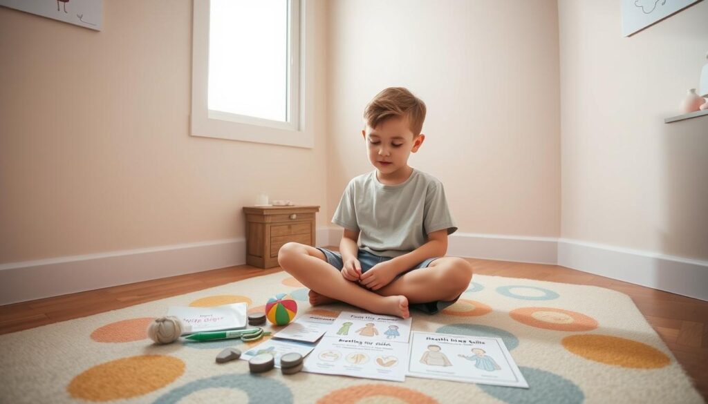 A young child, around seven years old, sitting cross-legged on a soft, colorful rug in a calming corner of a room. The child, wearing a modest t-shirt and shorts, is intently engaged with a diverse coping kit spread out in front of them. The kit includes items like a stress ball, counting stones, and a breathing guide illustrated with calming visuals. The background features gentle pastel-colored walls adorned with simple, child-friendly artwork. Soft, natural lighting pours in from a nearby window, casting a warm glow over the scene. The atmosphere is serene and inviting, promoting a sense of safety and focus, capturing the essence of self-regulation and emotional support for children. A young child, around seven years old, sitting cross-legged on a soft, colorful rug in a calming corner of a room. The child, wearing a modest t-shirt and shorts, is intently engaged with a diverse coping kit spread out in front of them. The kit includes items like a stress ball, counting stones, and a breathing guide illustrated with calming visuals. The background features gentle pastel-colored walls adorned with simple, child-friendly artwork. Soft, natural lighting pours in from a nearby window, casting a warm glow over the scene. The atmosphere is serene and inviting, promoting a sense of safety and focus, capturing the essence of self-regulation and emotional support for children.