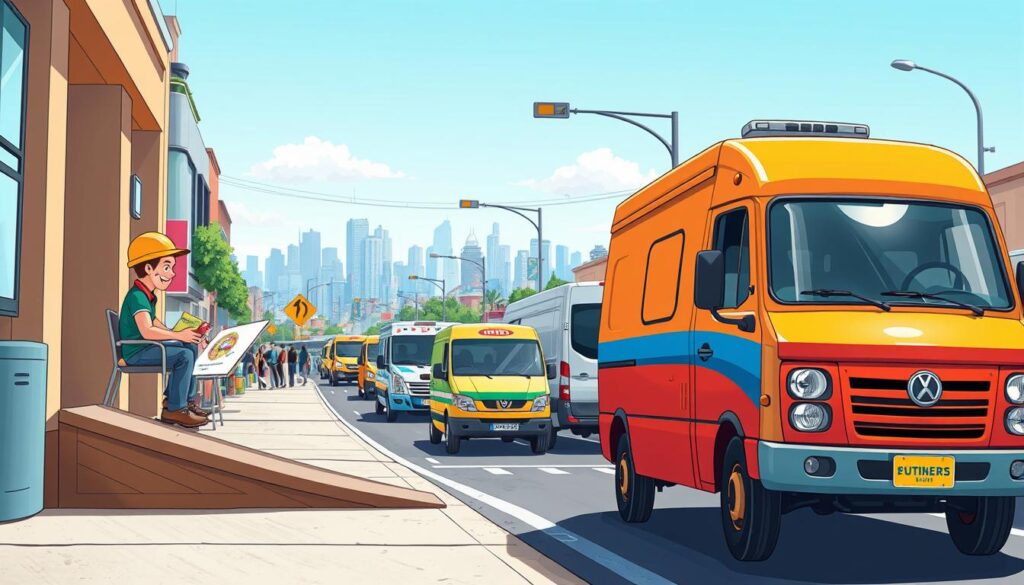 A detailed and vibrant illustration depicting a series of vehicle mission sequences in a colorful city setting. Foreground: a delivery vehicle, brightly painted, parked next to a ramp, with a friendly driver in modest casual clothing looking at a map. Middle ground: a bustling street scene with pedestrians and various vehicles, showcasing a mix of pickups, delivery vans, and service vehicles, all engaged in their tasks of picking up and delivering goods. Background: a city skyline with clear skies and distant buildings, emphasizing a sense of activity and purpose. The lighting is bright and inviting, evoking a cheerful daytime atmosphere, with soft shadows for depth. The camera angle is slightly elevated to capture the dynamics of the scene, highlighting each mission step: pickup, delivery, parking, refueling, and repair.