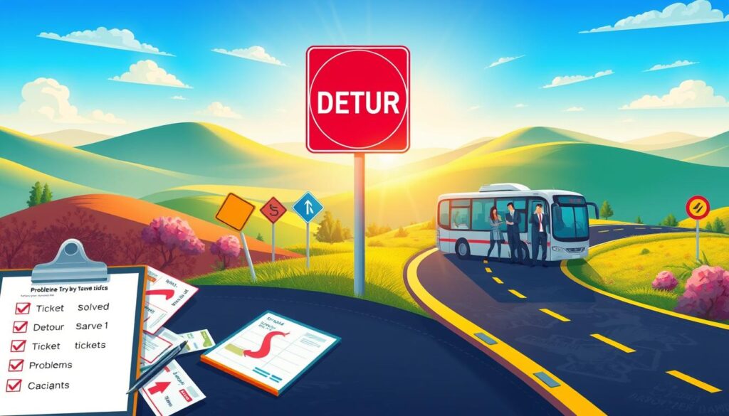 A detailed travel storyline problem-solution map, featuring a vibrant landscape with a winding road through a diverse environment. In the foreground, display various travel tickets scattered alongside a clipboard with checkmarks for solved problems. In the middle ground, illustrate a series of colorful detour signs and a bus with friendly characters in professional attire discussing travel delays. The background showcases rolling hills with an expansive sky, where gentle sunlight casts a warm glow, enhancing the scene's inviting atmosphere. Utilize a slightly elevated angle to capture the whole layout, ensuring a clear view of the elements that symbolize problem-solving in travel sequences. The mood should feel optimistic and engaging, perfect for fostering a playful sense of exploration.