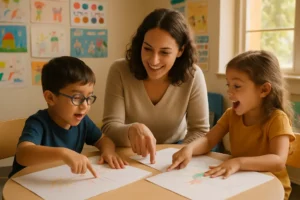 Teacher leading bilingual language activities with children during picturebook reading