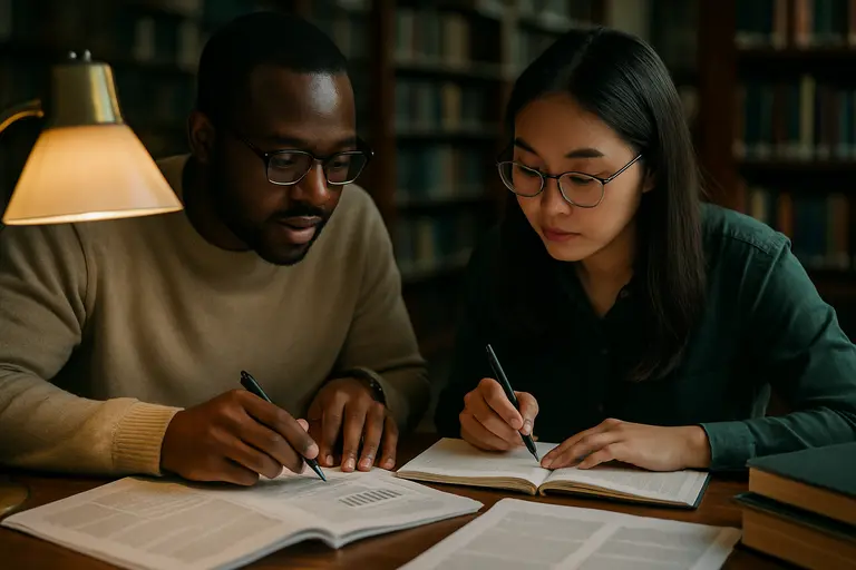 Caregiver reading research notes while a child draws nearby