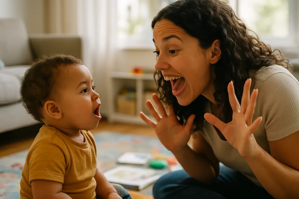 Parent using Child-Directed Speech while playing blocks with a toddler