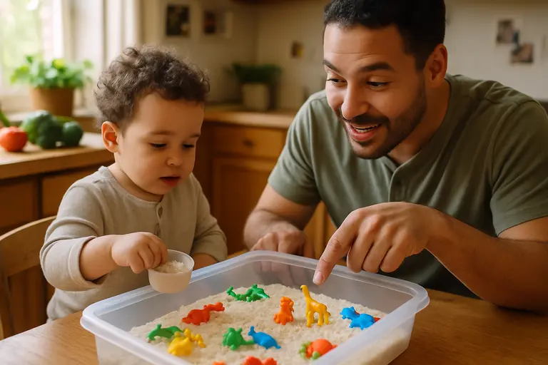 Family preparing food together while a child names objects and actions
