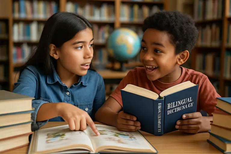Family sharing a picture book in two languages at home