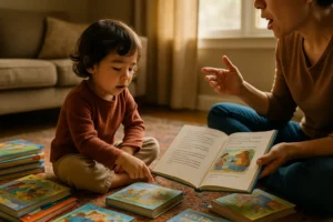 Immersive Bilingual Experiences with a child listening to two adults during shared reading