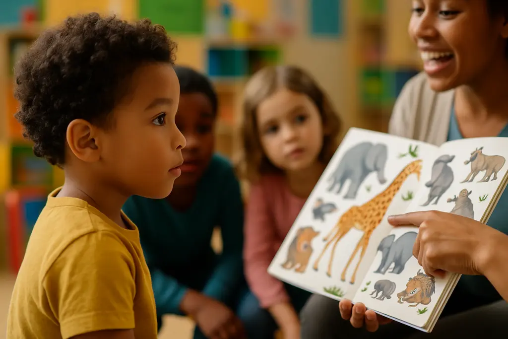 Teacher supporting word learning with children during shared book play