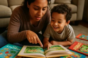 Parent and child practicing bilingual narrative skills with picture books at a table