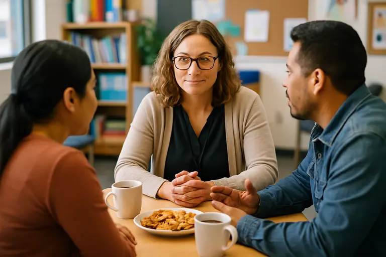 Early childhood educator listening to a caregiver during a preschool meeting