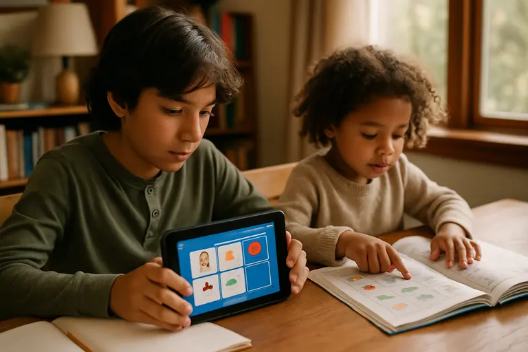 Child practicing vocabulary on a tablet while an adult observes nearby