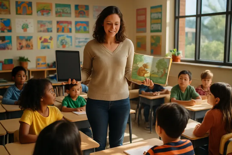 Child choosing between a book and tablet for a storytelling task