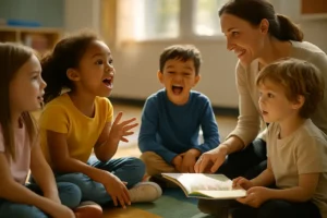 Teacher using English Narrative Interventions with two bilingual children during story retell practice