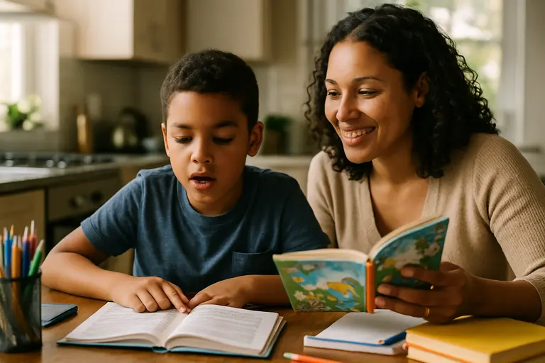 Parent and child telling a story together with a wordless picture book