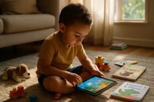 Parent and child discussing passive screen exposure during a bilingual story video