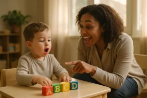 Parent and toddler playing together during speech delay spike support