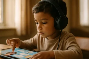 Child wearing soft EEG cap during Speech Processing Autism research visit