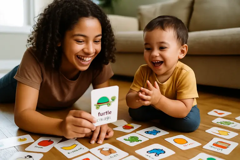 Young child arranging picture cards to tell a simple sequence
