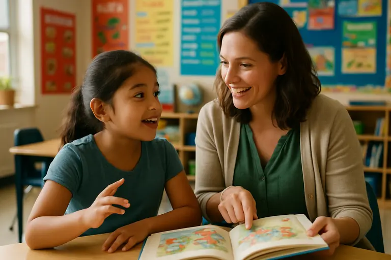 Bilingual child explains a picture while a teacher listens nearby