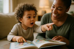 Parent observing bilingual child gestures during shared book reading
