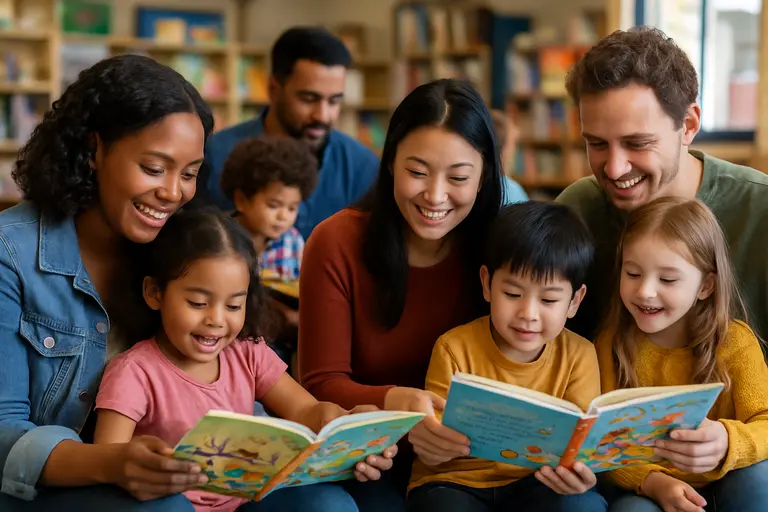 Bilingual family sharing a picture book together on a sofa