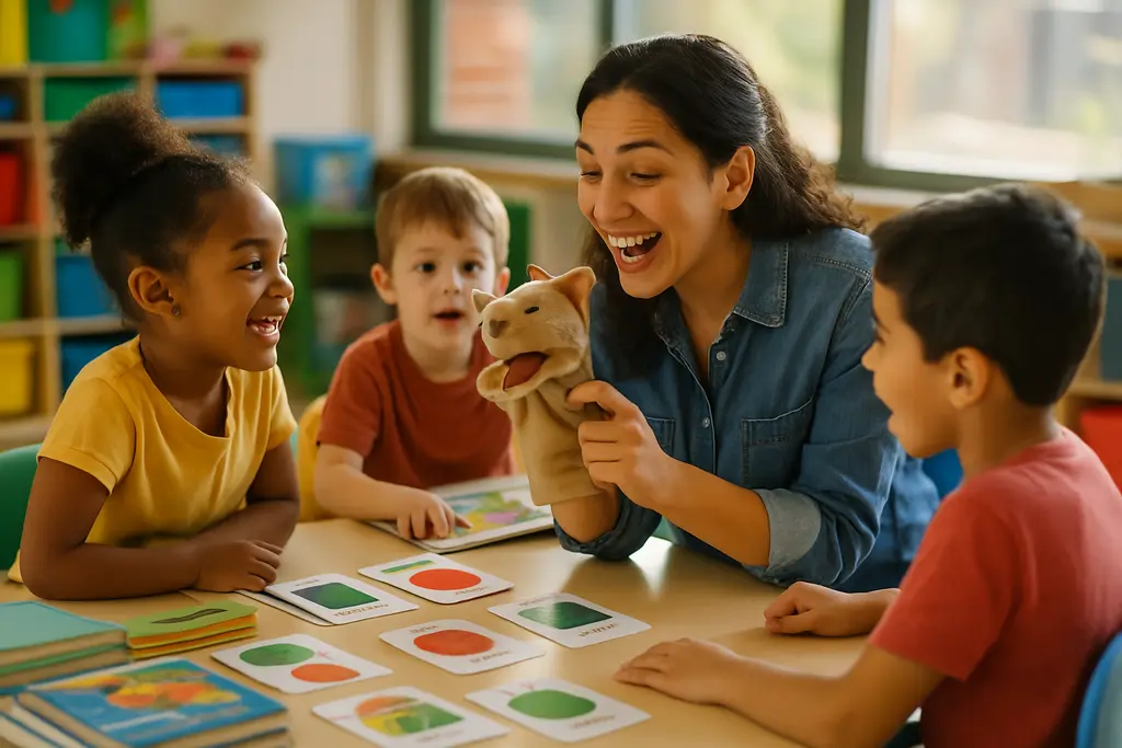 Teacher leading bilingual language activities with preschool children during story time