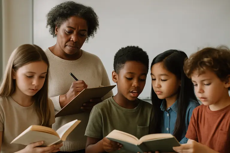 Caregiver writing observation notes while a child looks at a book