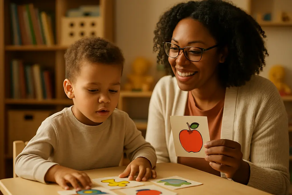 Parent reviewing CDC language screening milestones with a toddler during a clinic visit