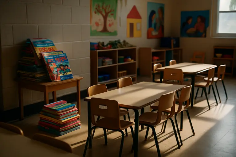 Early childhood educators reviewing classroom materials at a table