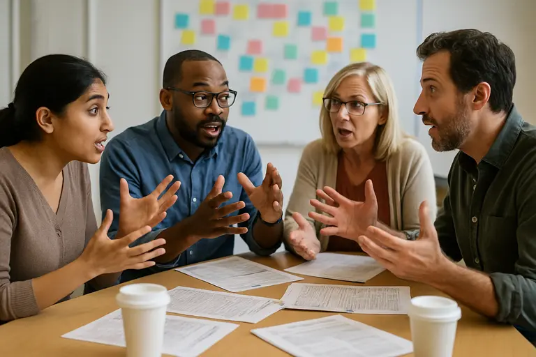 Early childhood educators reviewing classroom notes together at a table