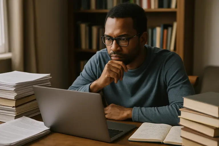 Educator reviewing student language notes at a desk